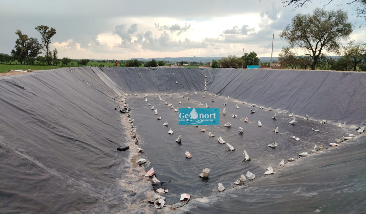 Vista amplia de una estructura recubierta con geomembrana y distintivo de Geonort